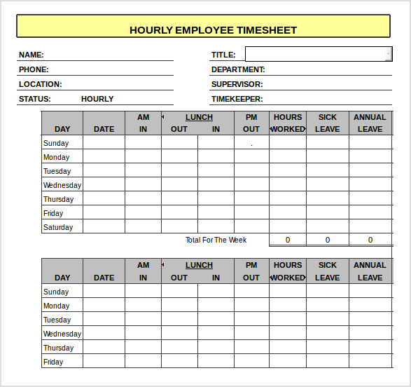 example of hourly employee timesheet template