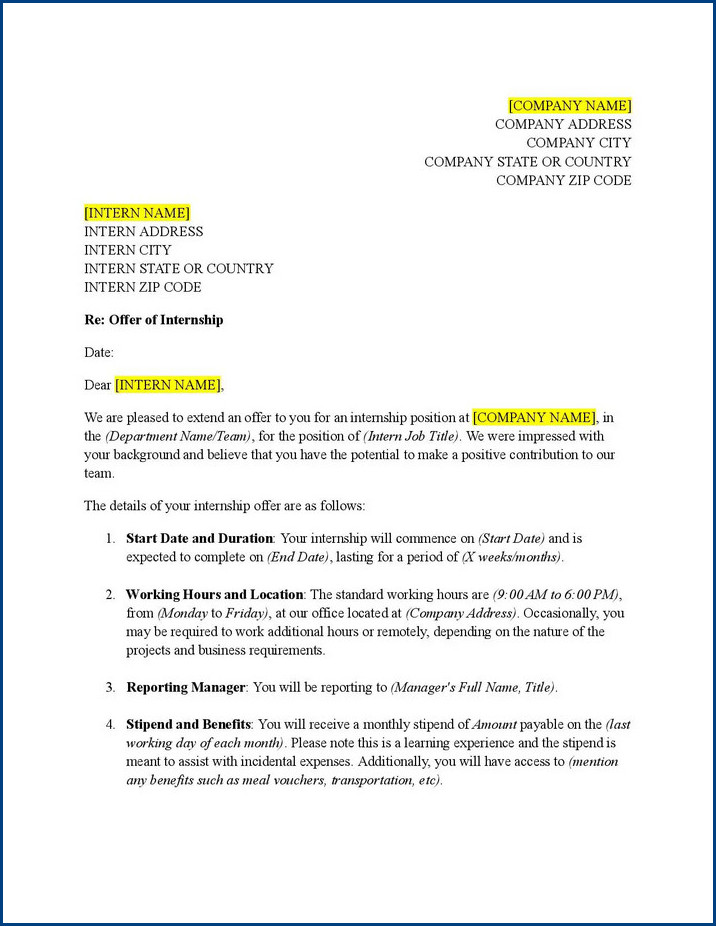 example of internship offer letter template