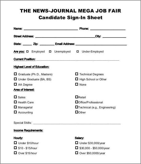 example of job fair sign in sheet template
