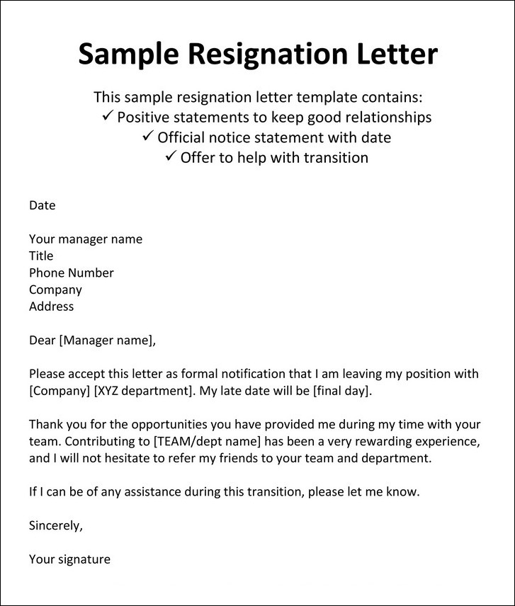 example of job resignation letter template