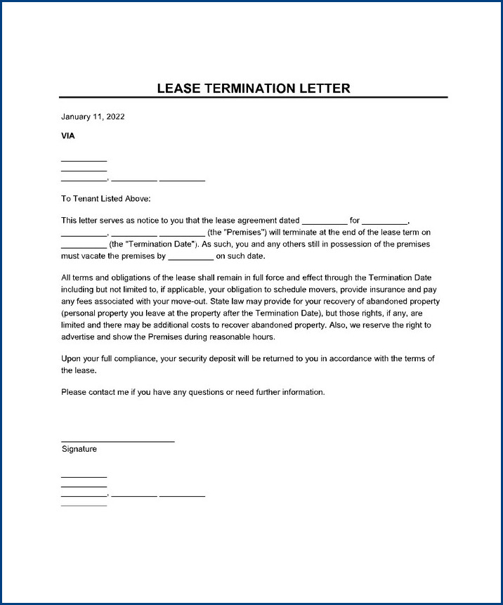 example of lease termination letter template
