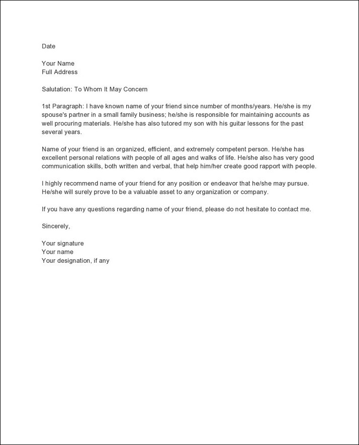 example of letter of recommendation template for friend