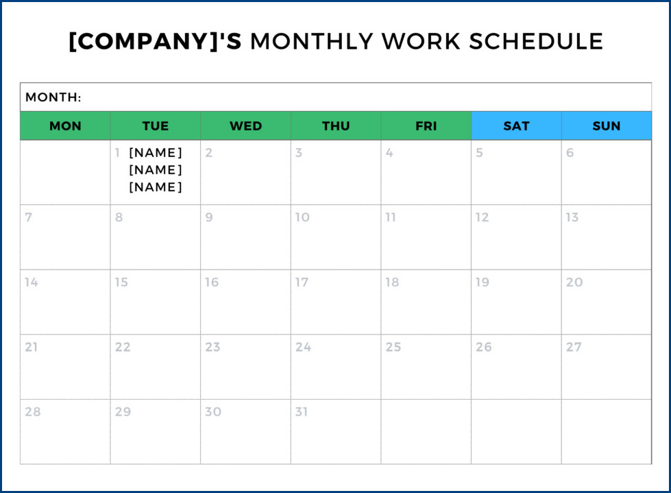 example of monthly work schedule template