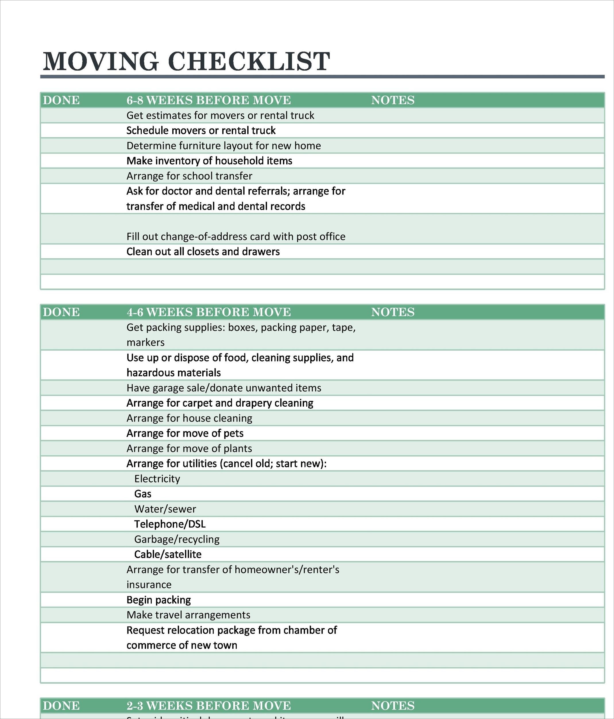 example of moving checklist template