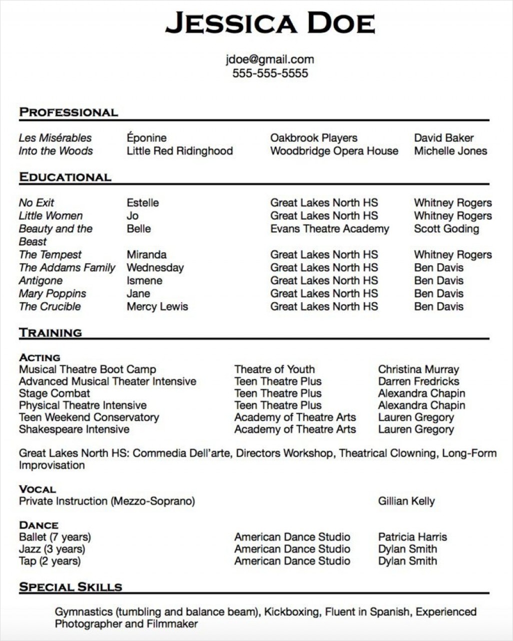 example of musical theatre resume template example of musical theatre resume template
