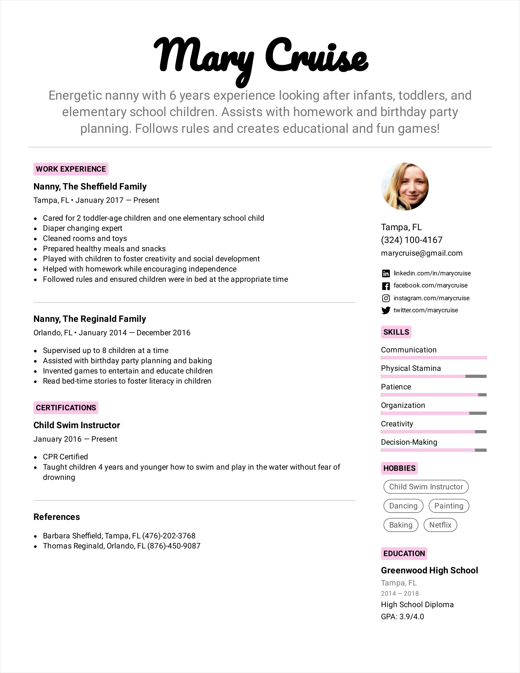 example of nanny resume template
