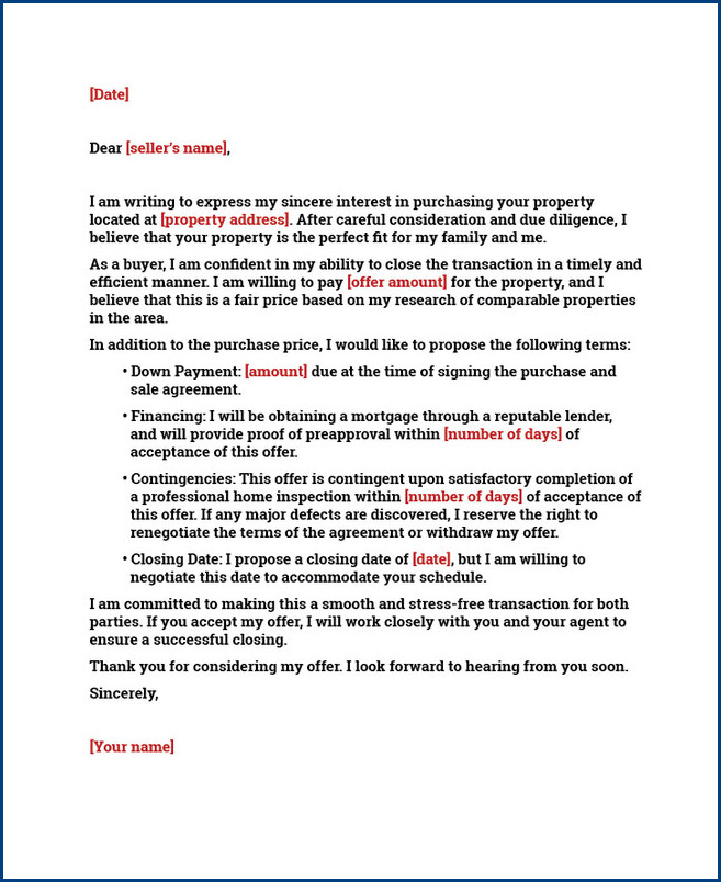example of offer letter template for house