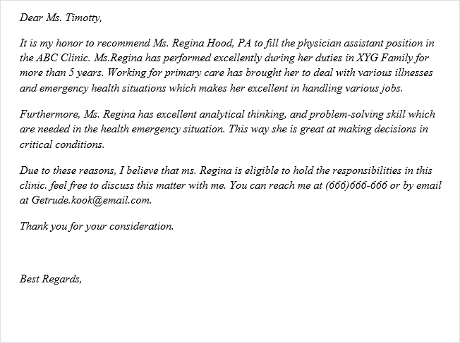 example of physician assistant recommendation letter template