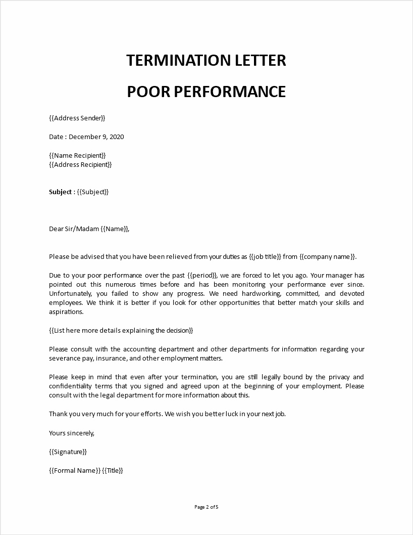 example of poor performance termination letter template