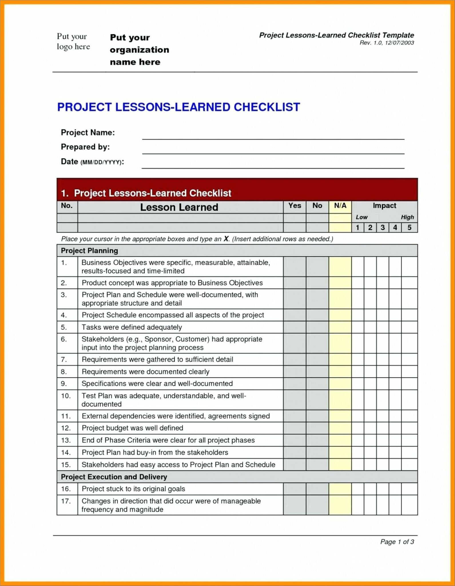 example of project management checklist template