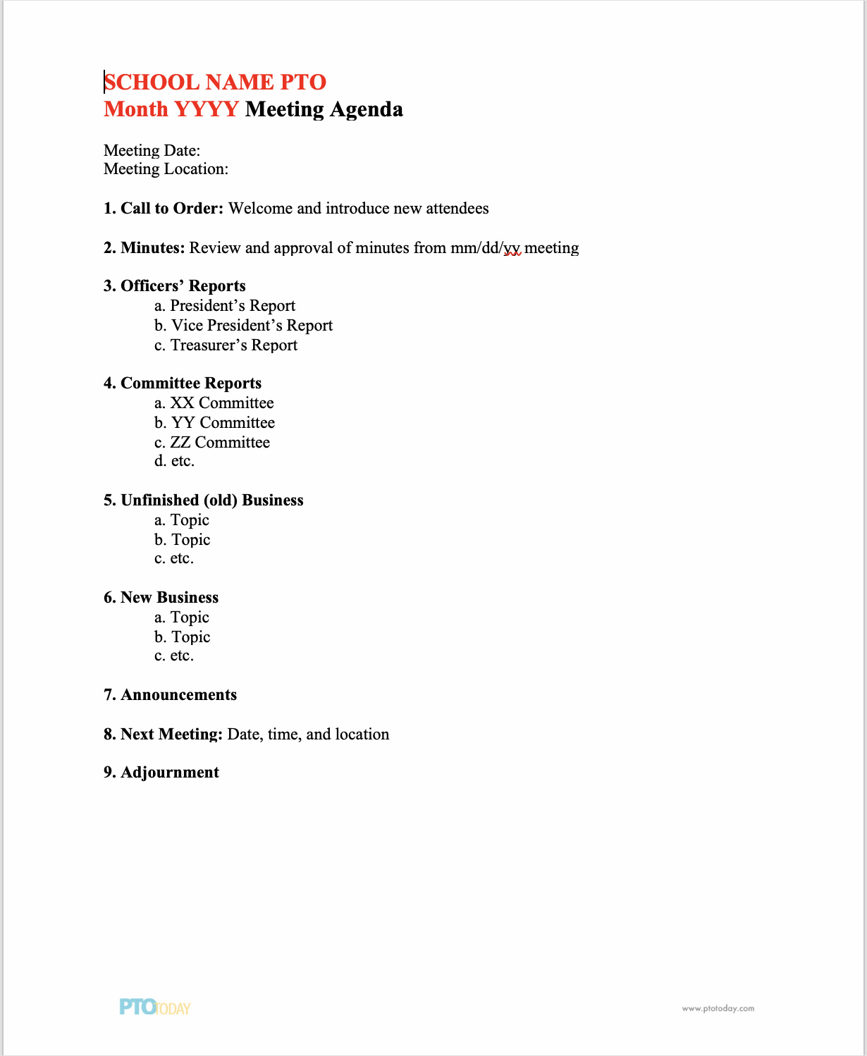 example of pto meeting agenda template