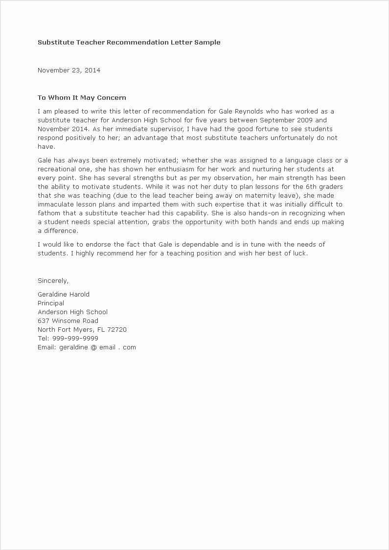 Recommendation Letter Template For Substitute Teacher Recommendation Letter Template For Substitute Teacher