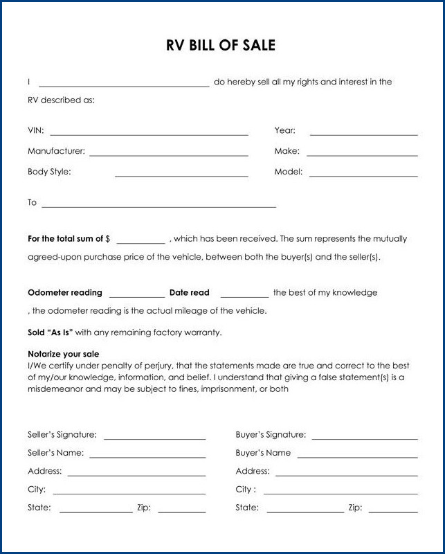 example of recreational vehicle bill of sale template example of recreational vehicle bill of sale template
