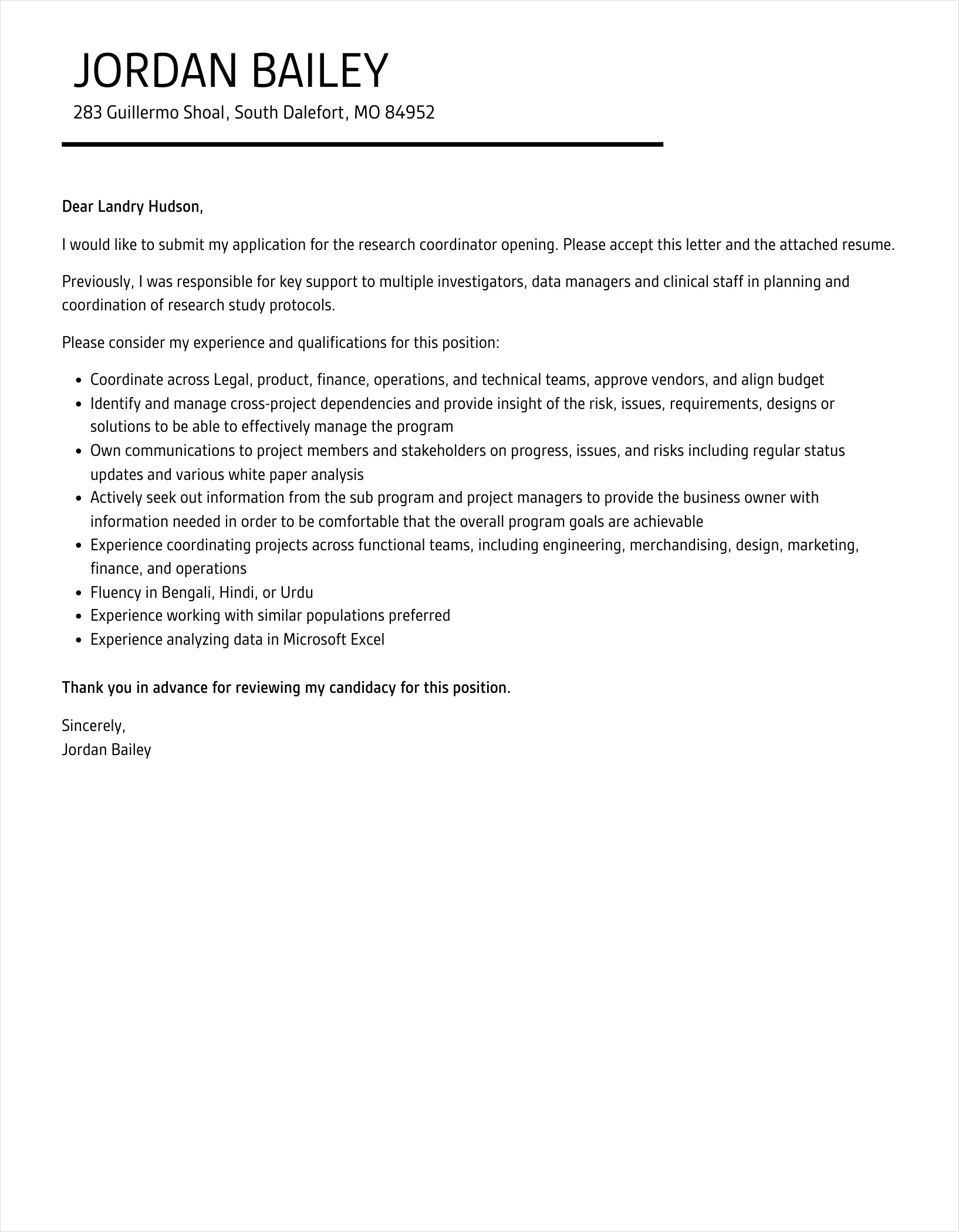 example of research coordinator cover letter template