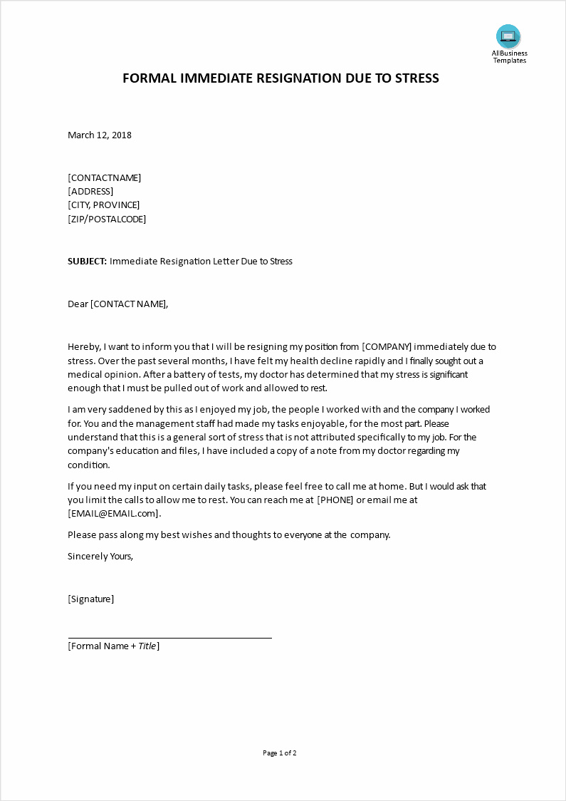 example of resignation letter template due to health and stress