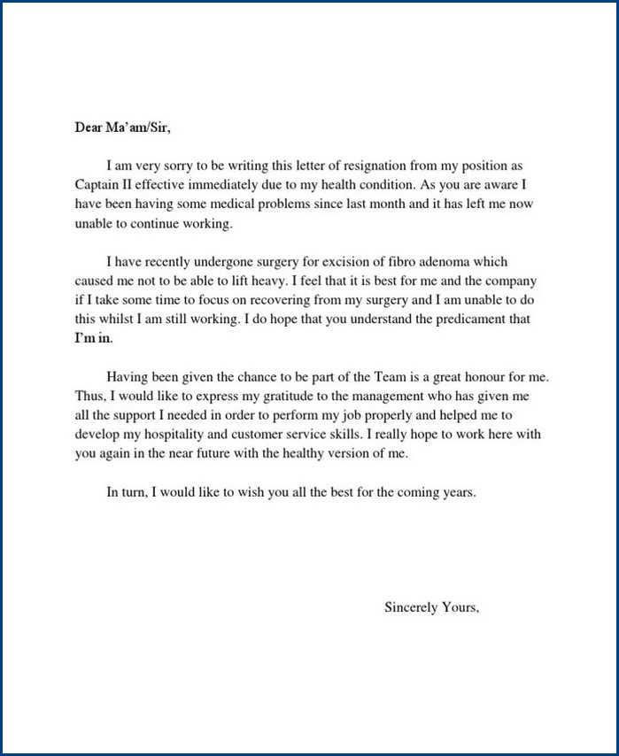 example of resignation letter template due to health