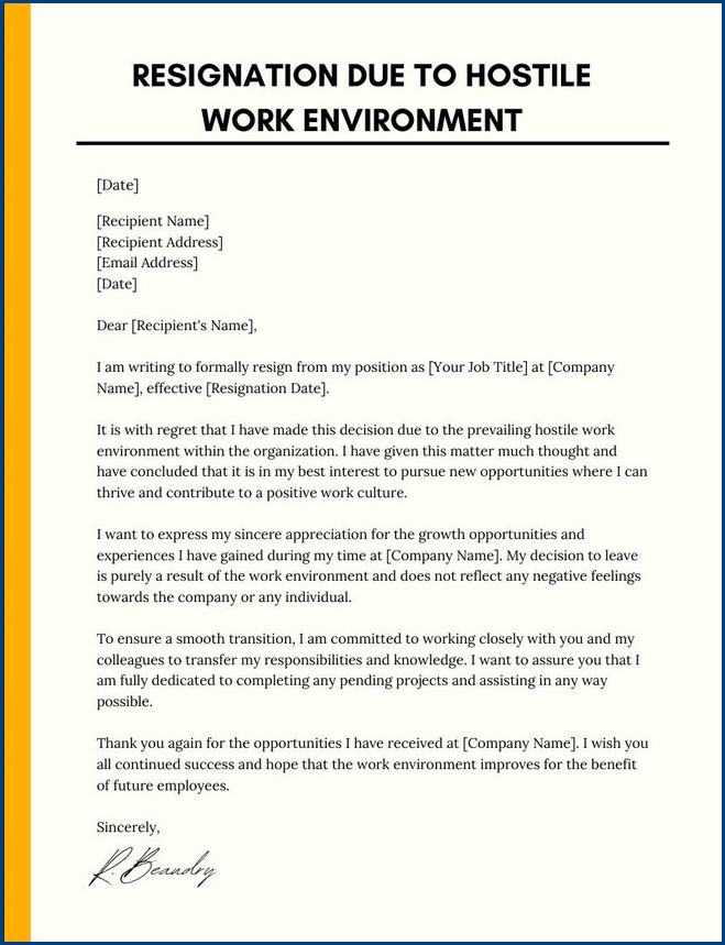 example of resignation letter template for hostile work environment