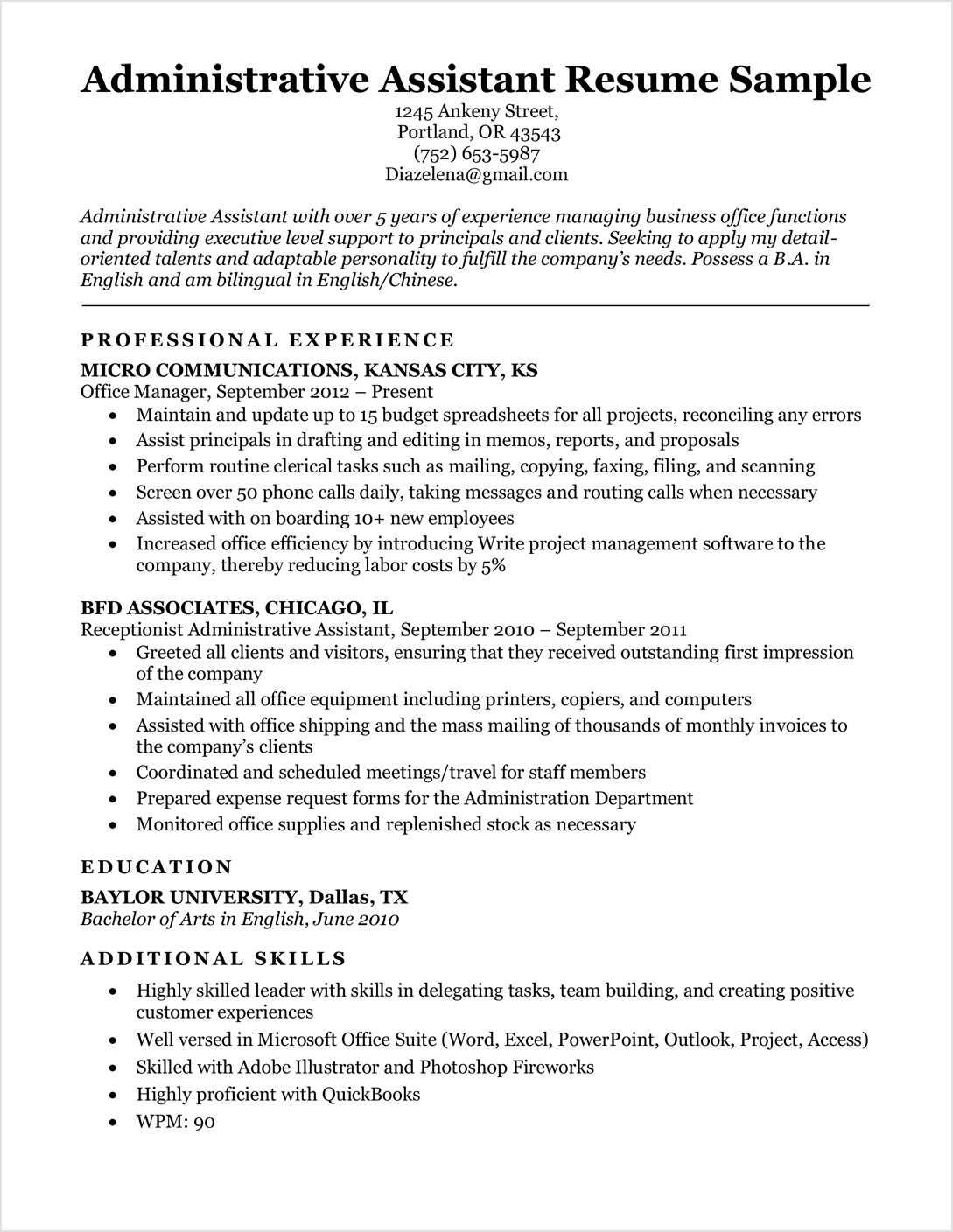 example of resume template for administrative assistant