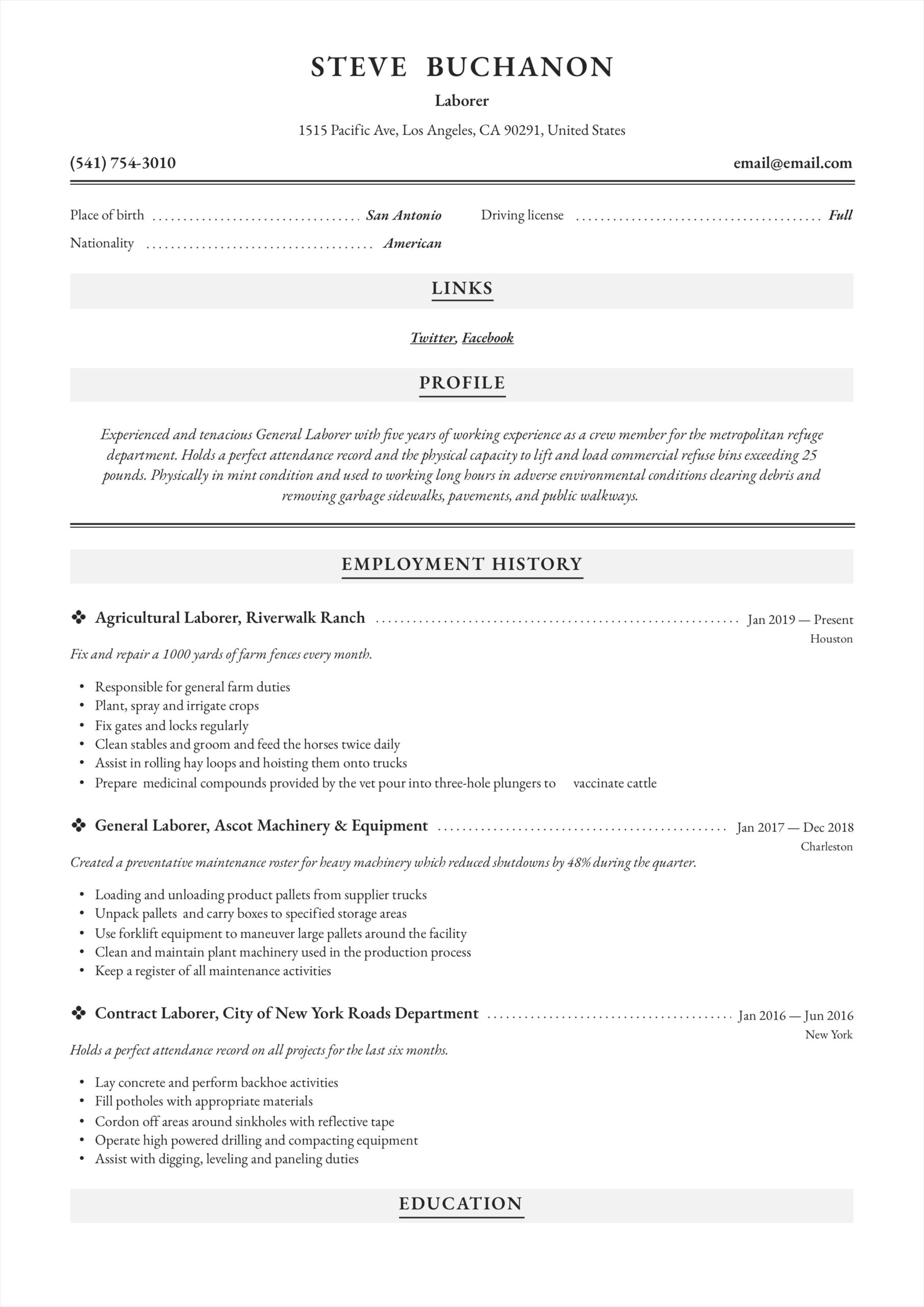 example of resume template for general labor