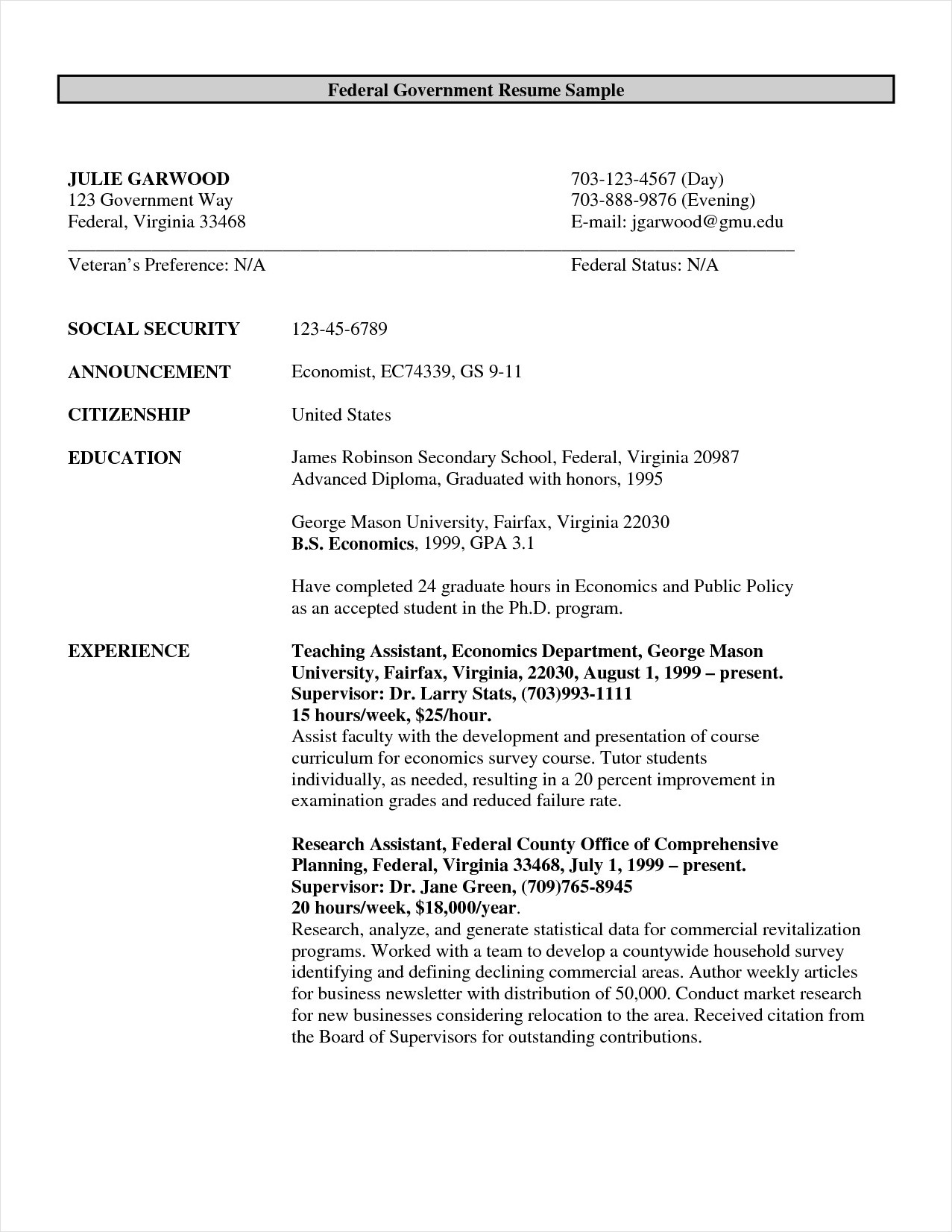 example of resume template for government job