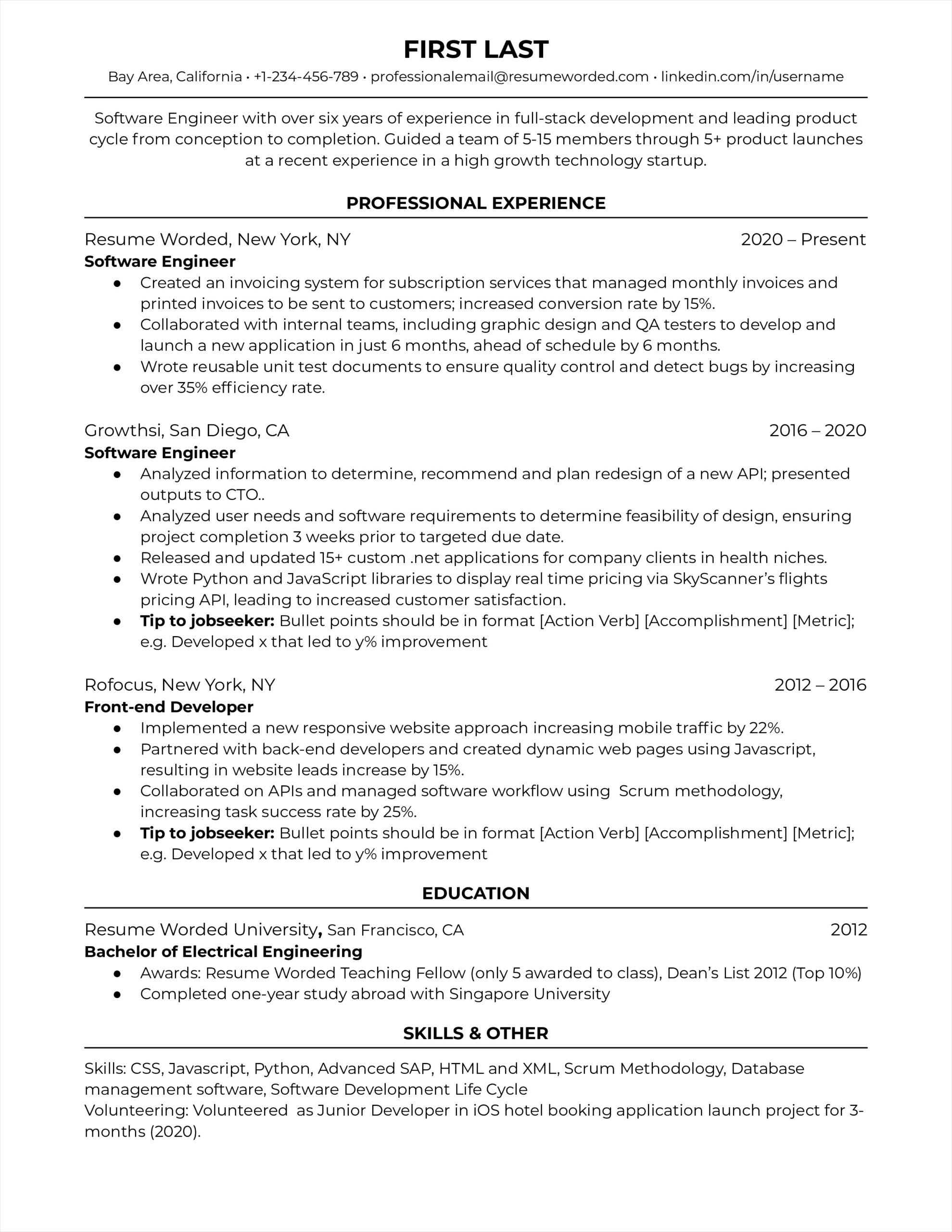 example of resume template for software developer