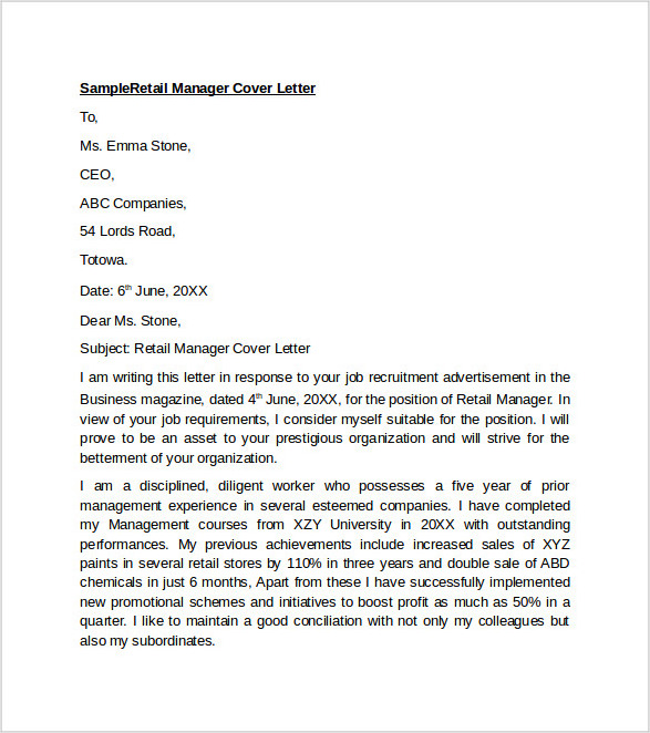 example of retail management cover letter template