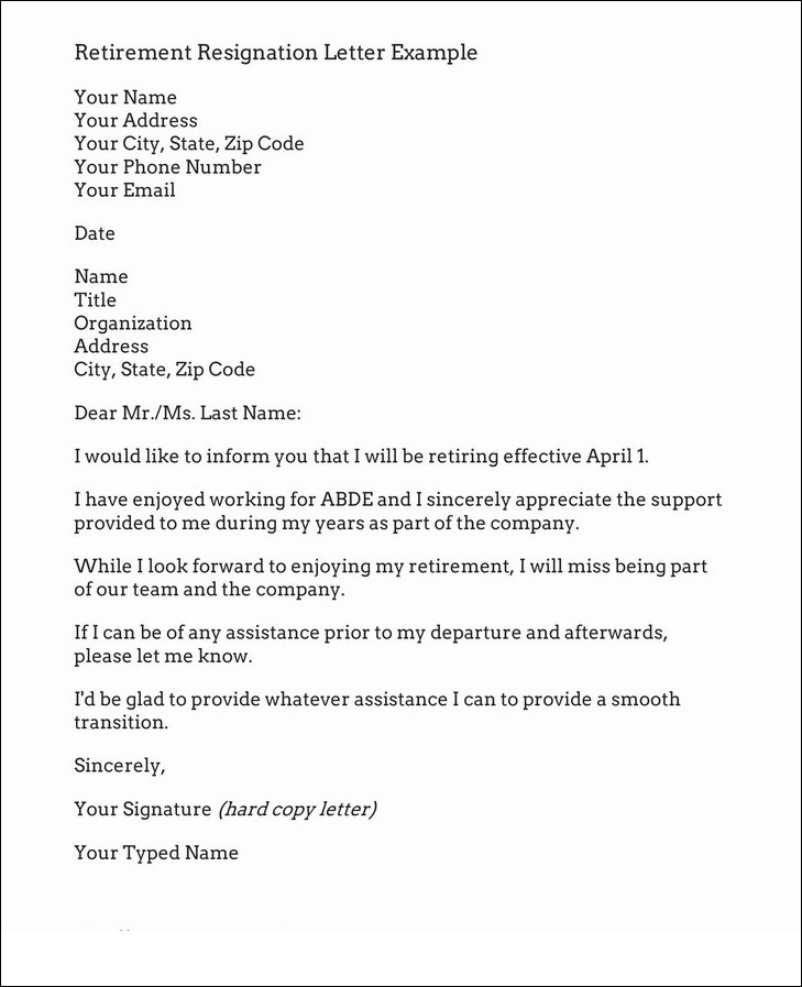example of retirement resignation letter template