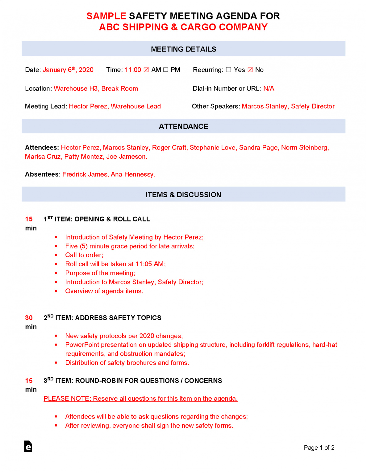 example of safety committee meeting agenda template