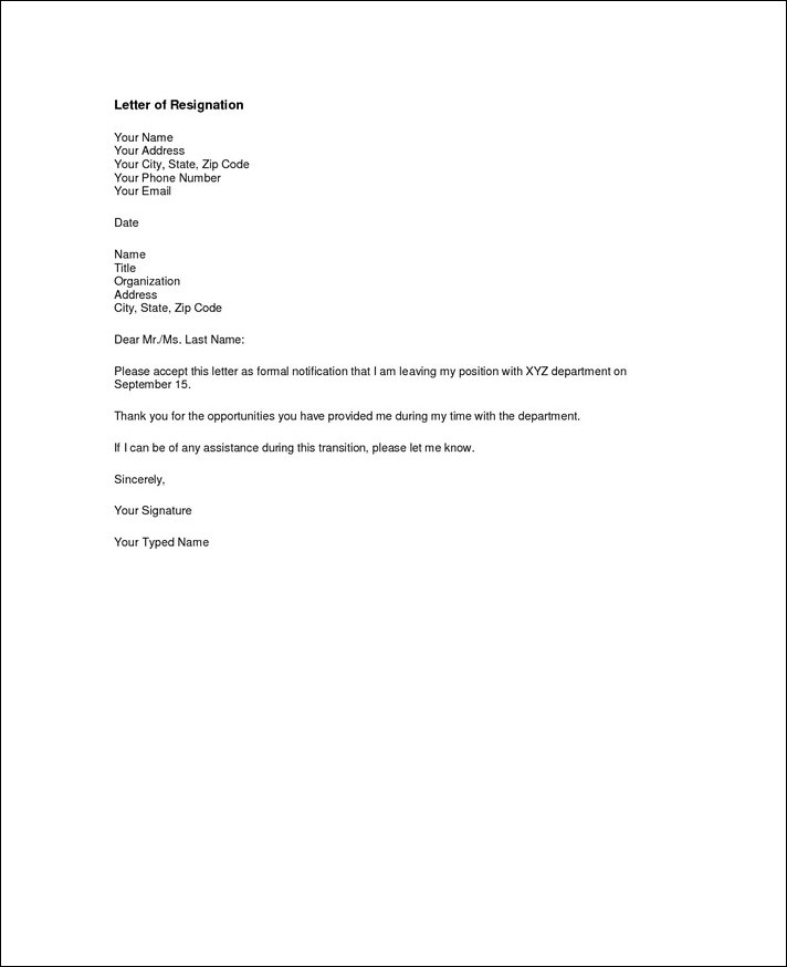 example of short resignation letter template