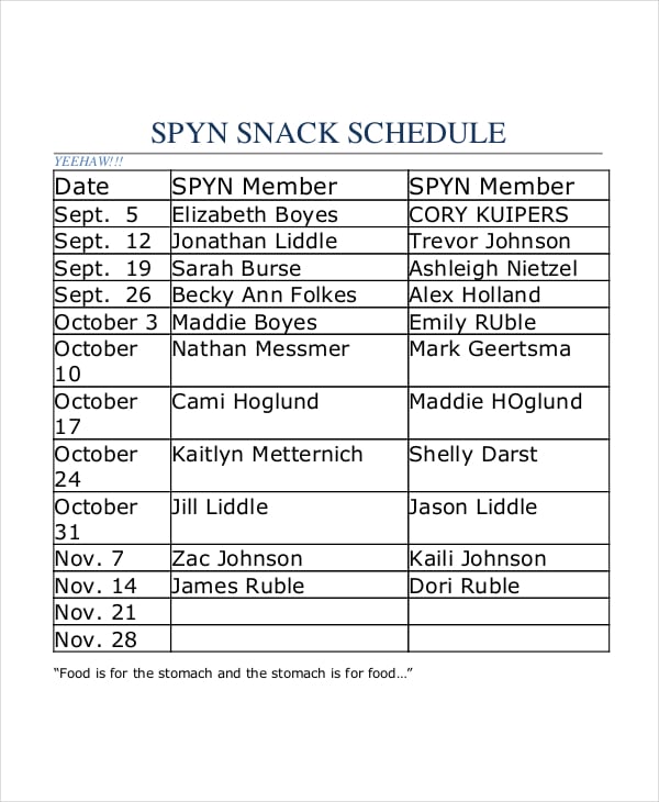 example of snack schedule template