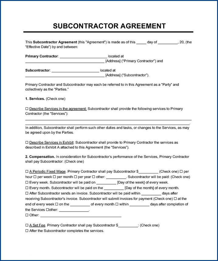 example of subcontractor agreement template