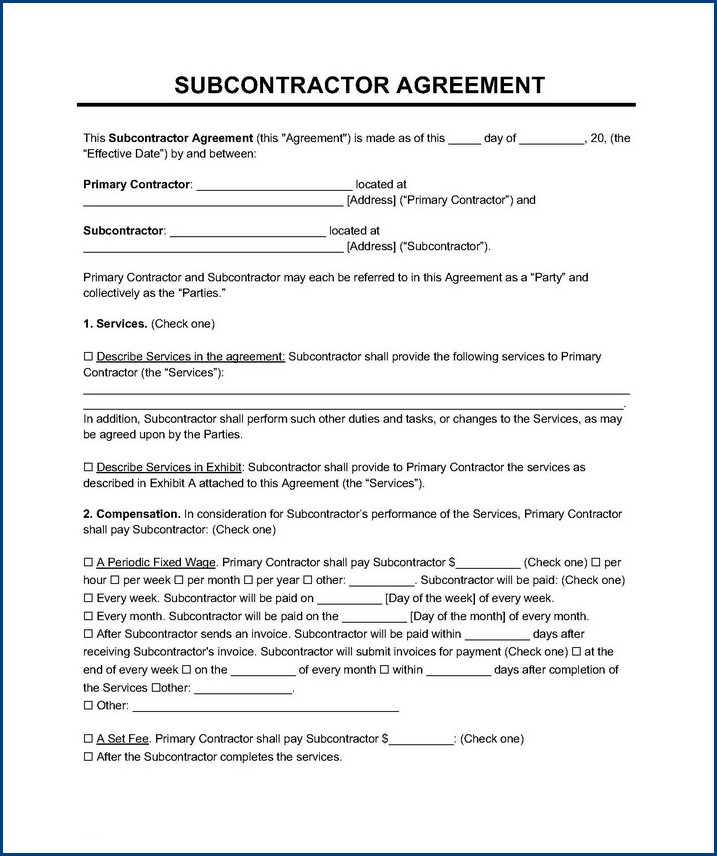 example of subcontractor agreement template example of subcontractor agreement template