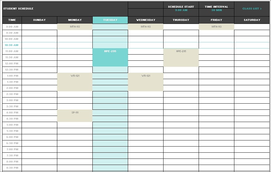 example of teacher schedule template