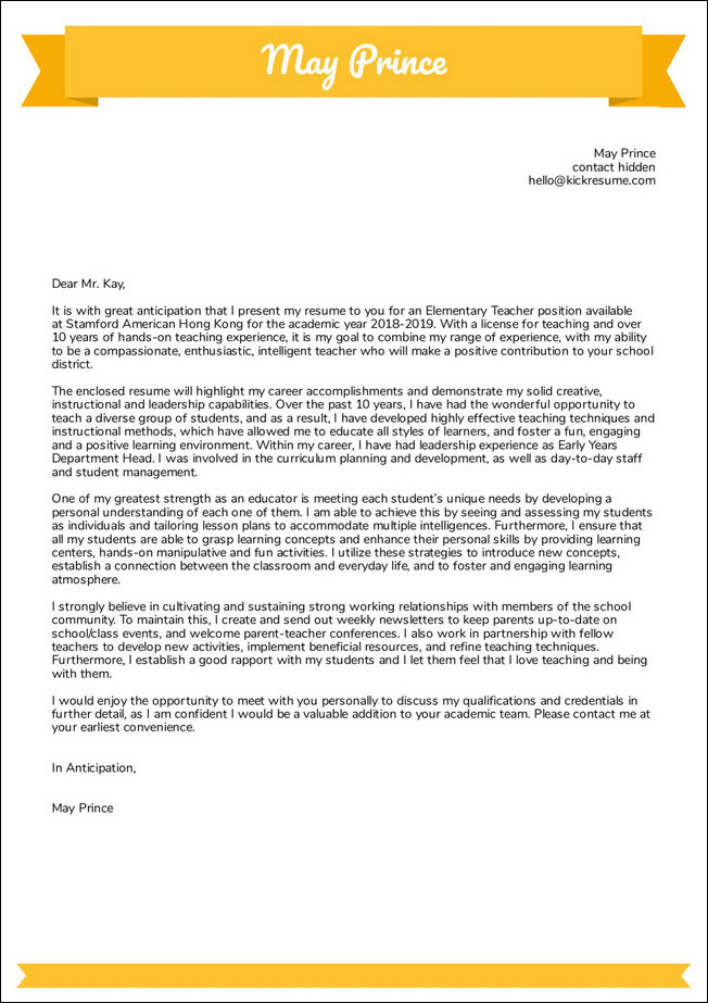 example of teachers cover letter template