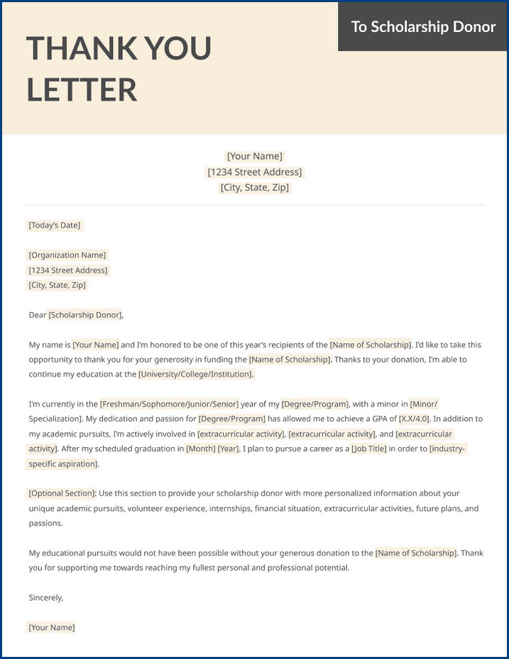 example of thank you letter template for scholarship