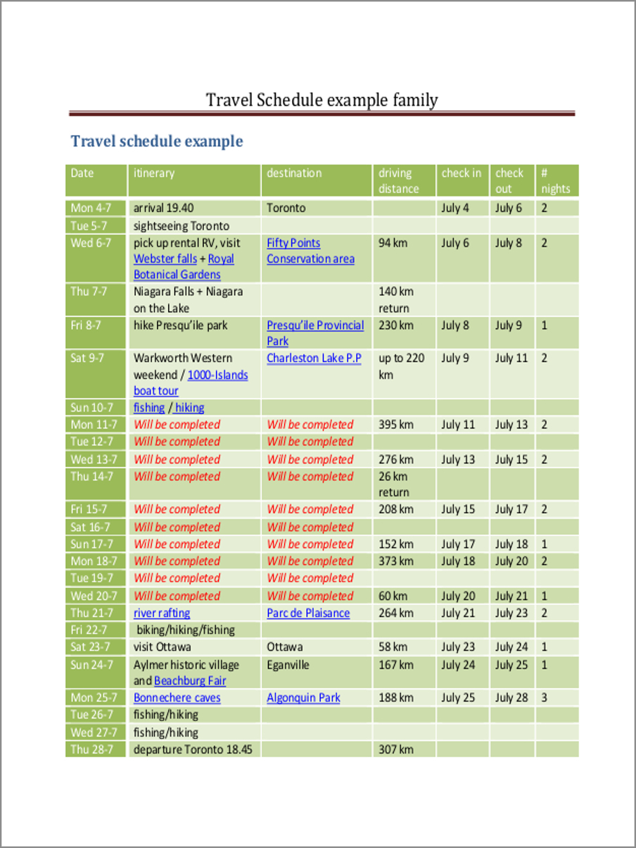 example of travel schedule template