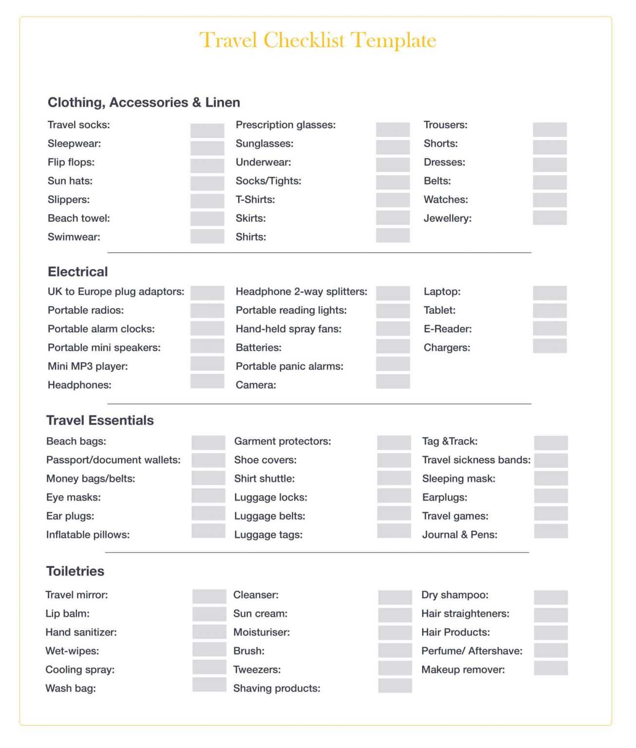 example of traveling checklist template