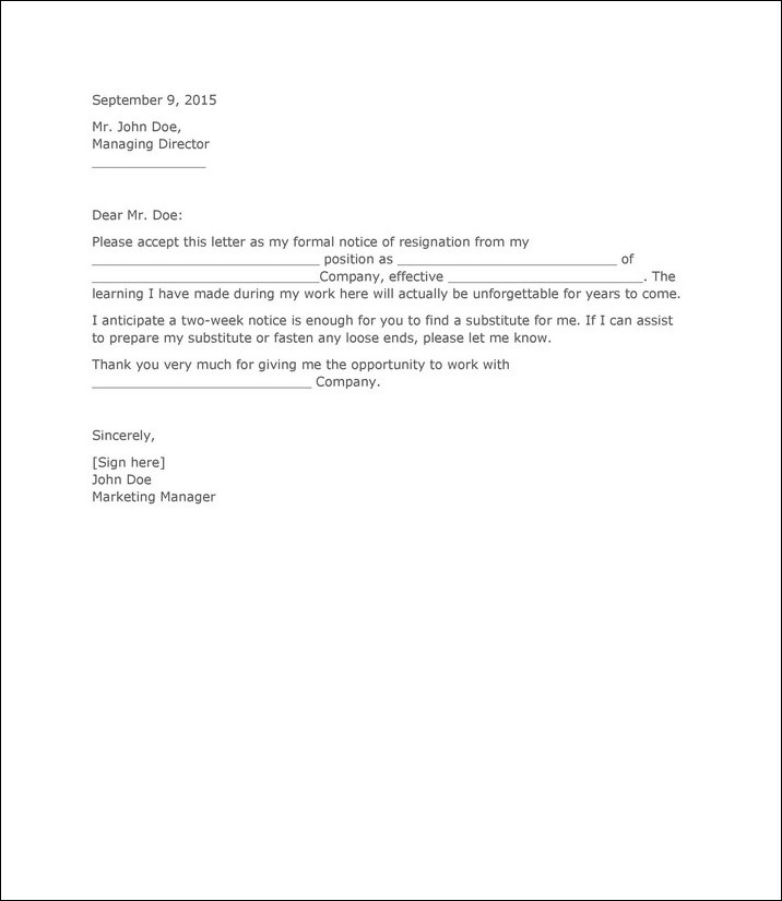 example of two weeks notice resignation letter template