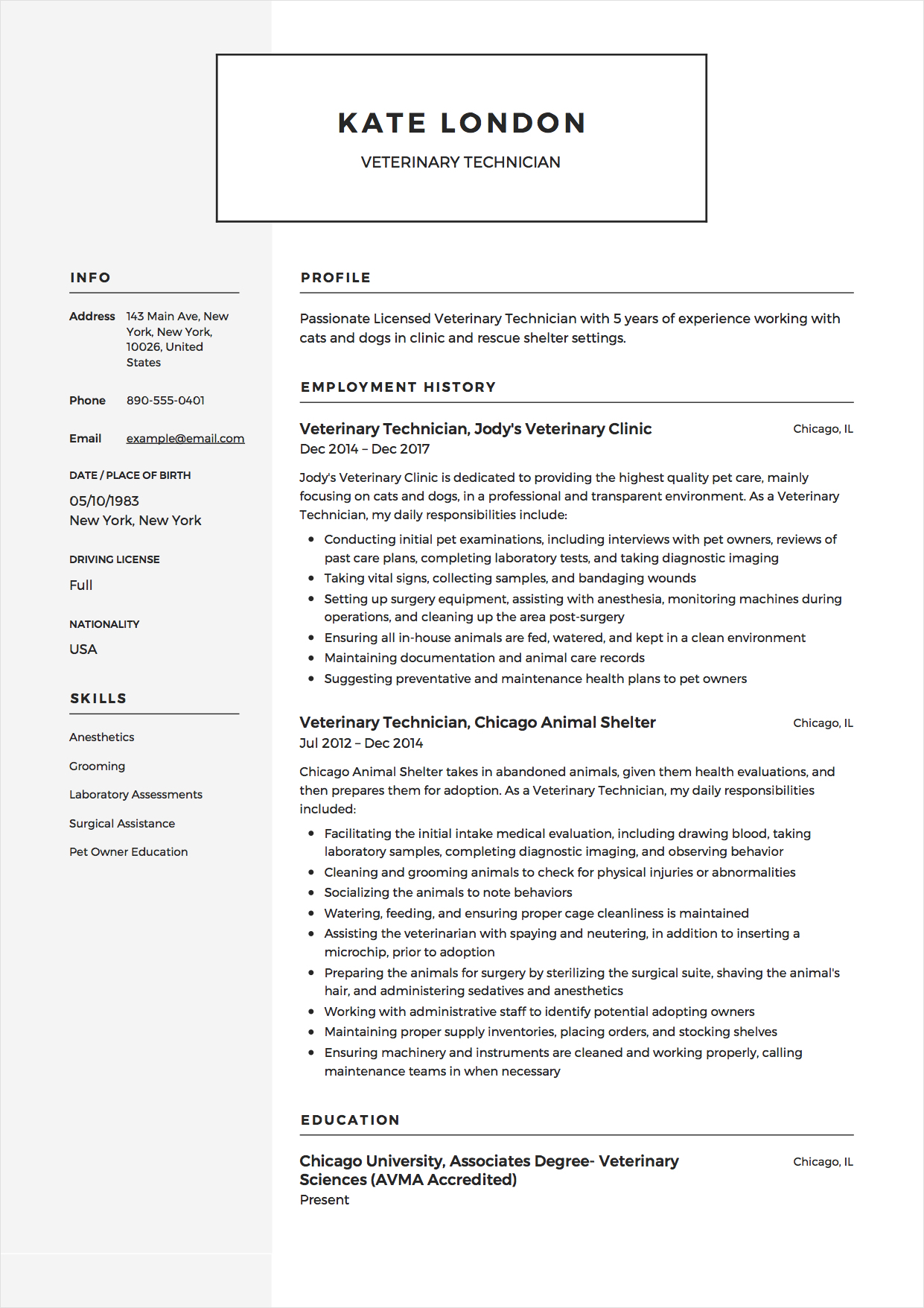 example of vet tech resume template