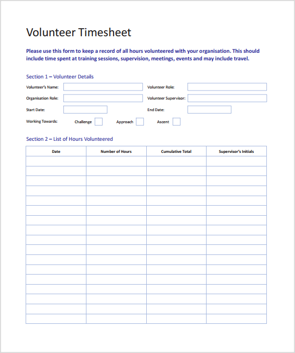 example of volunteer timesheet template