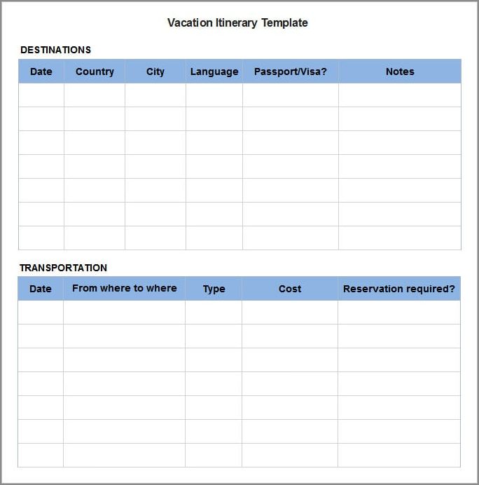 example of week vacation itinerary template