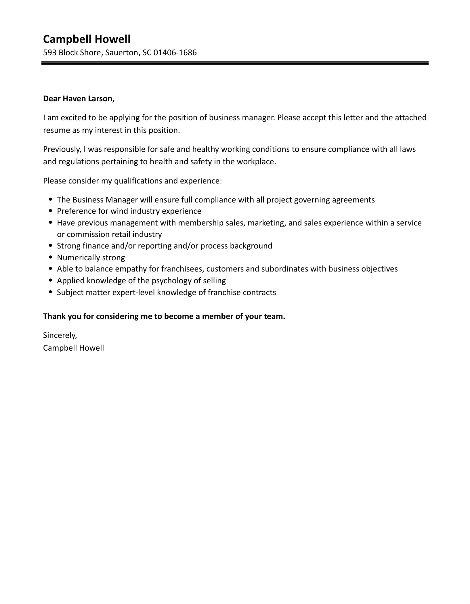 executive manager cover letter template
