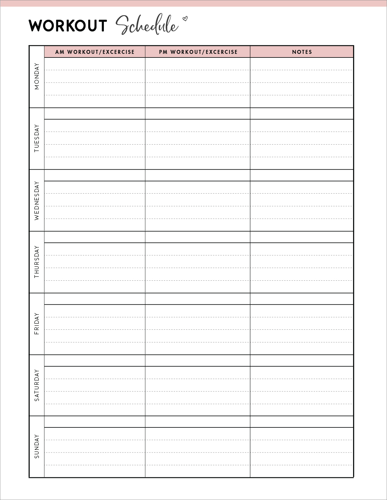 exercise schedule template sample
