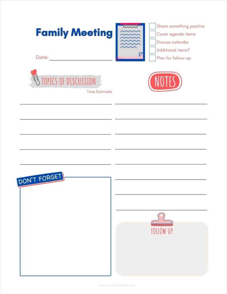 family meeting agenda template sample