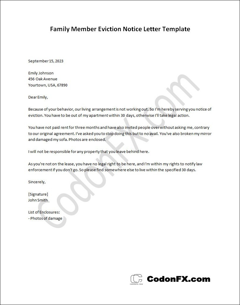 Downloadable family member eviction notice letter template available in Word for easy editing