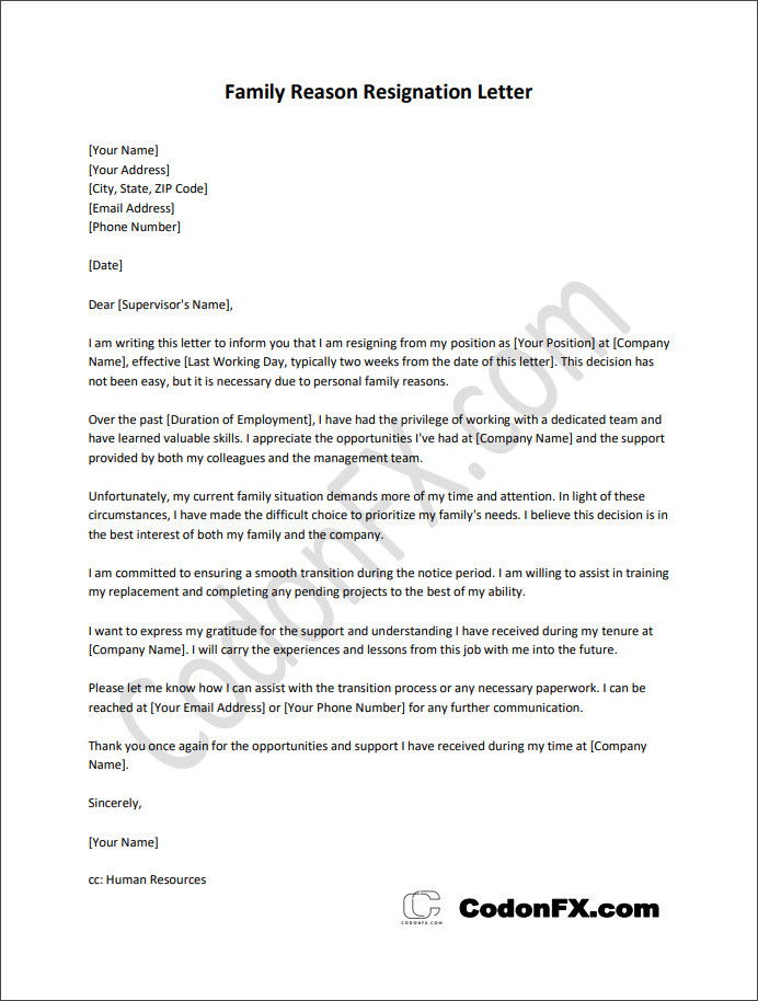 Free editable family reason resignation letter template with customizable sections