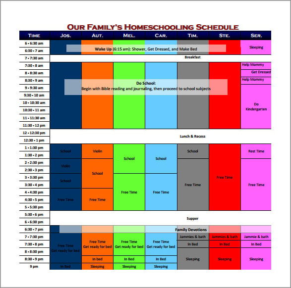 family schedule template sample