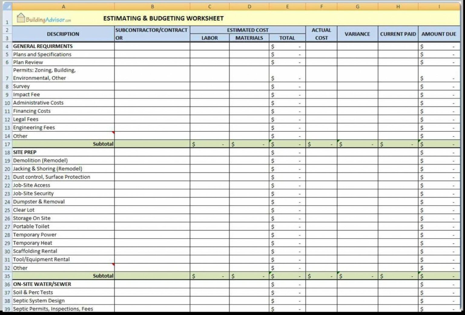 free home construction budget template