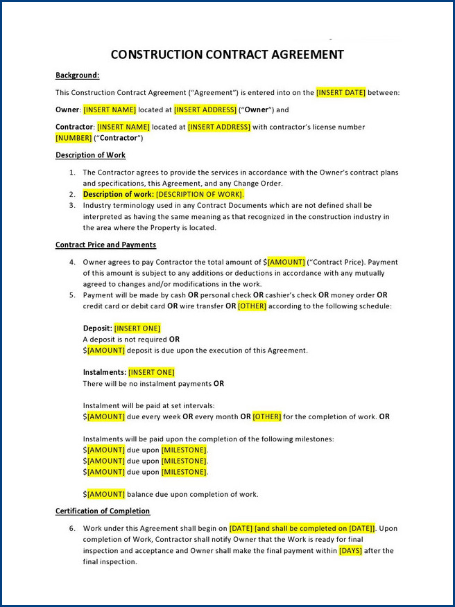 general contractor agreement template sample