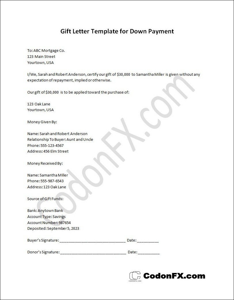 Free printable gift letter for down payment template with customizable sections